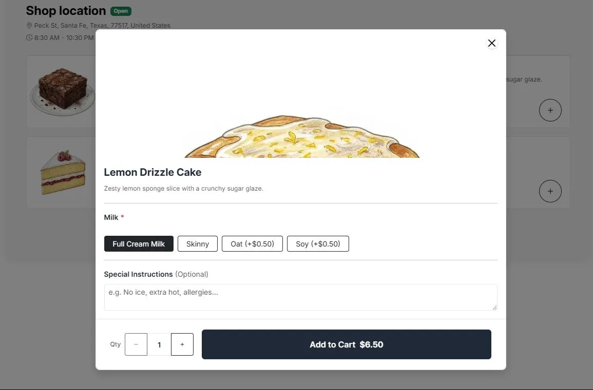 The storefront product window showing size and modifier choices for an item