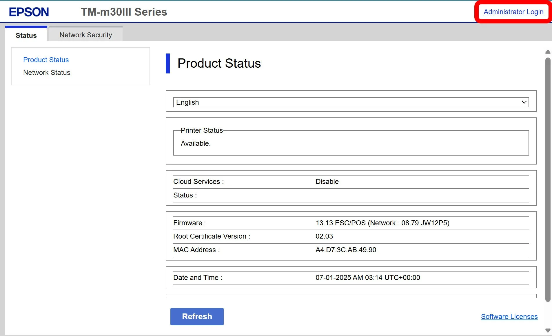 The Advanced Settings menu with Administrator Login highlighted