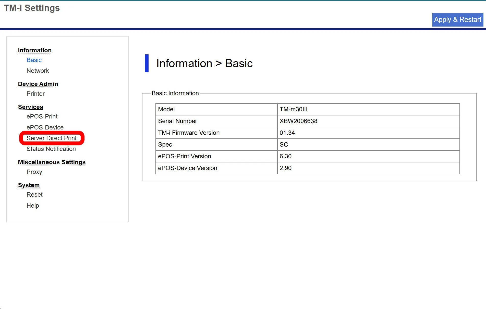 The TMI Settings menu with Server Direct Print highlighted