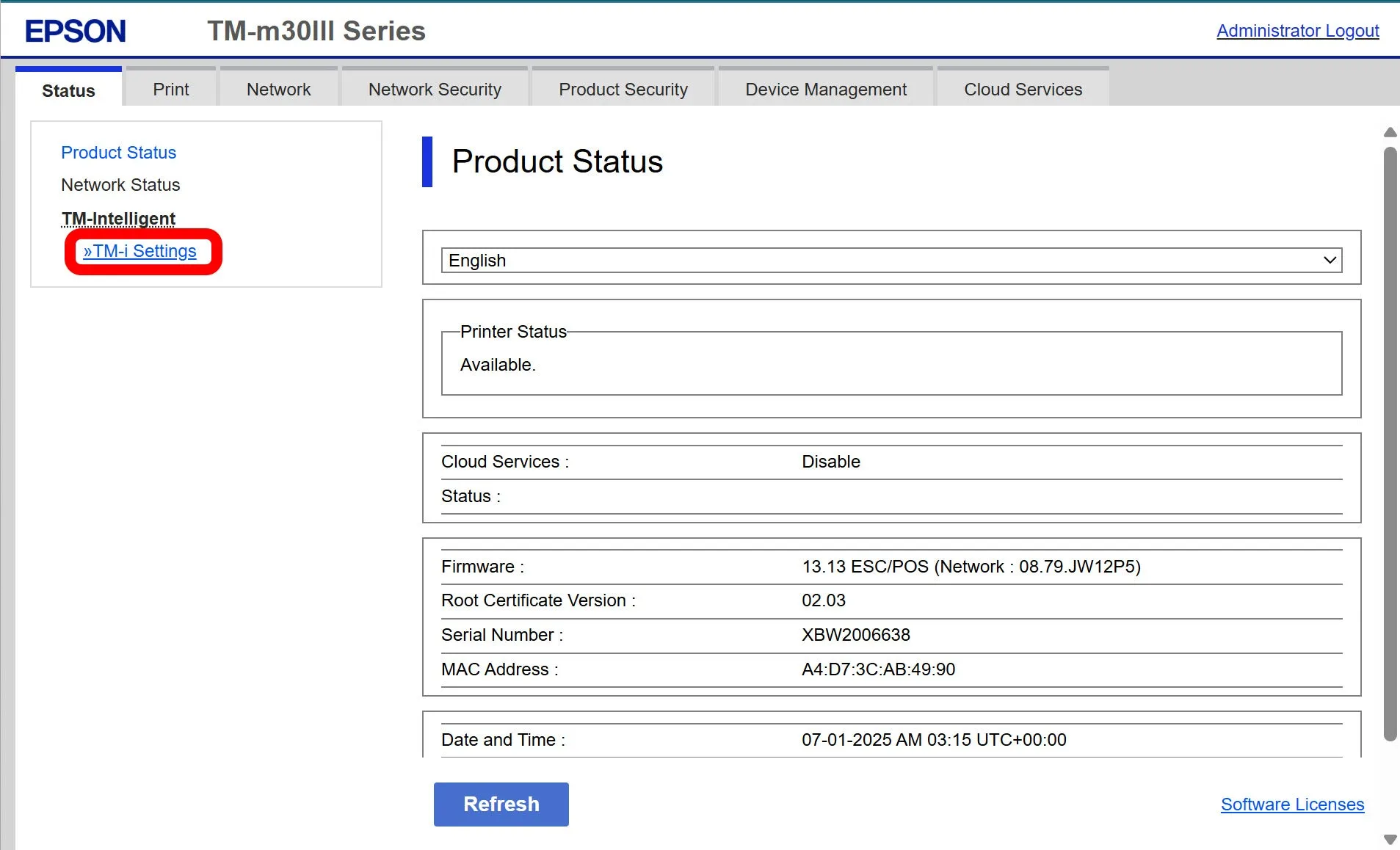 The web portal menu with TMI Settings highlighted