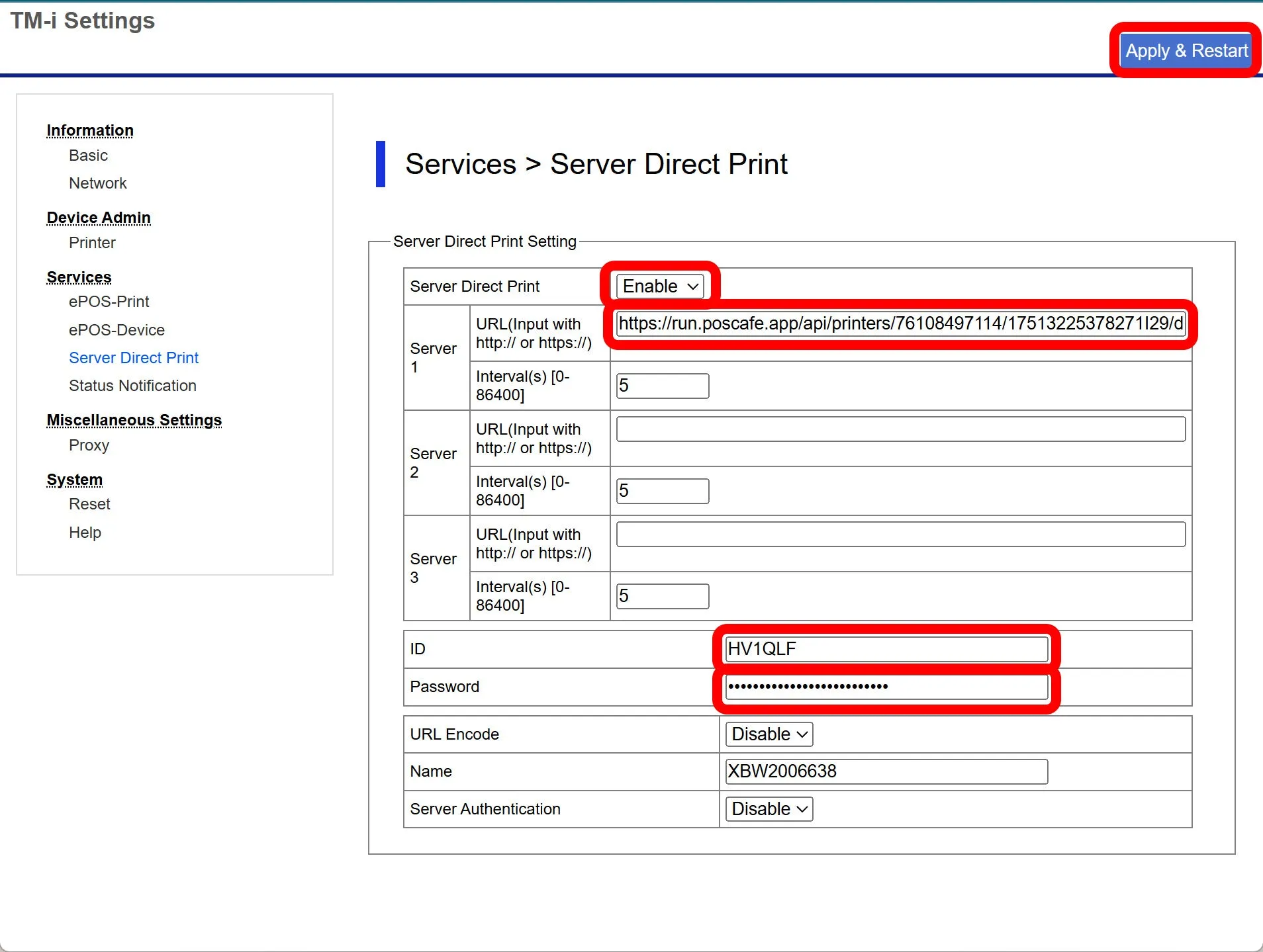 The Server Direct Print settings page with the POS Cafe server URL, ID and password entered