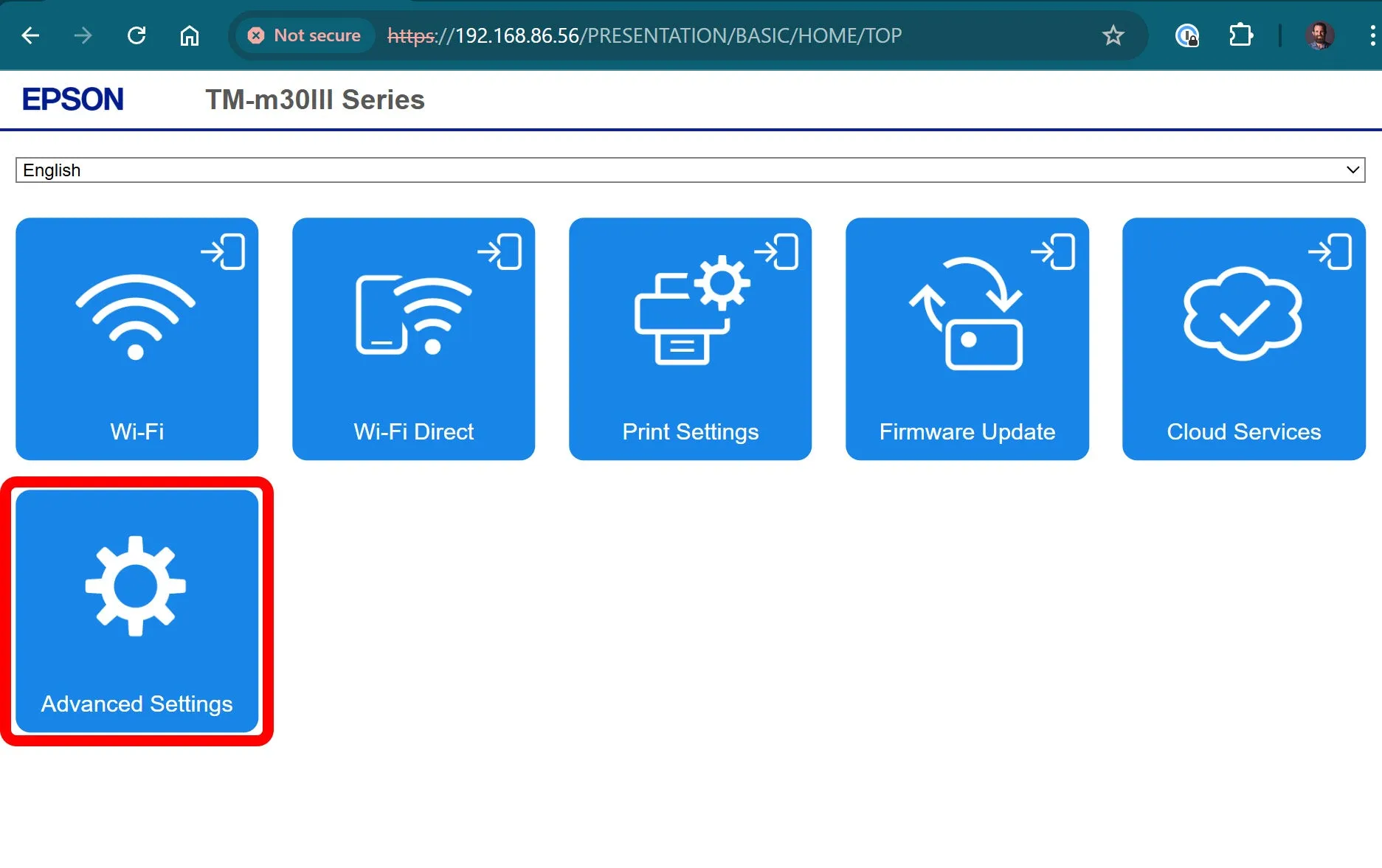 The Epson web portal landing screen with Advanced Settings highlighted