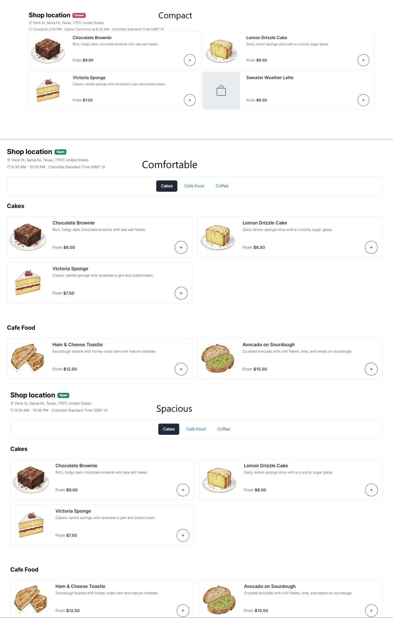 A comparison of the Compact, Comfortable and Spacious content density options