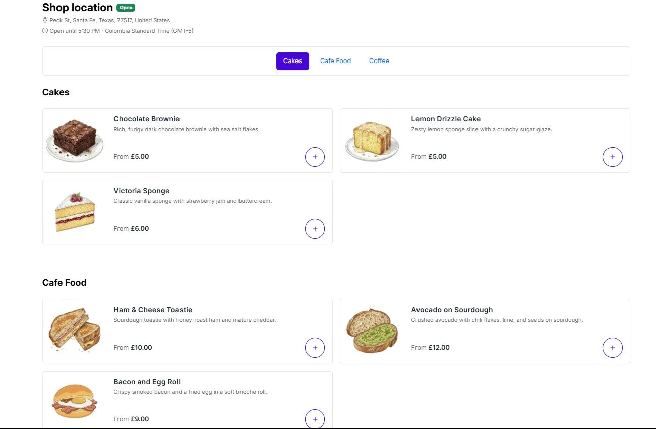 A finished storefront online ordering menu showing the location header, collection tabs, product cards and a floating cart bar