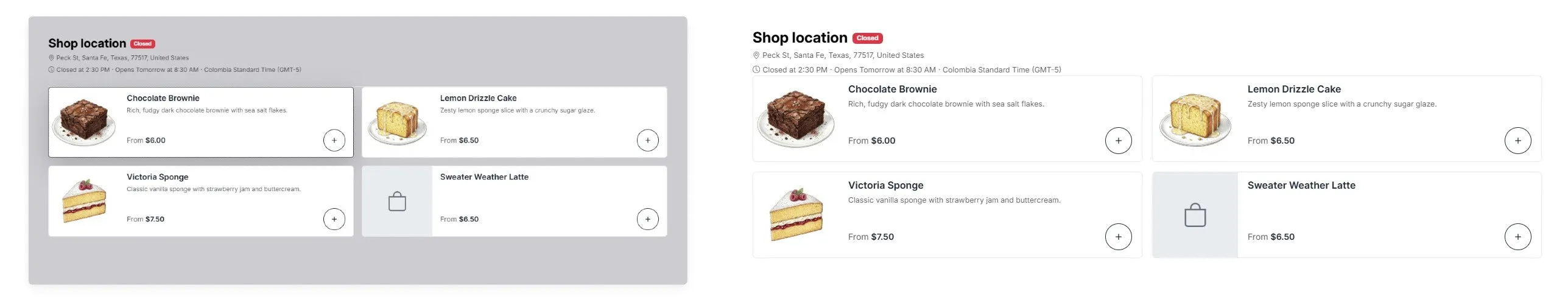 Side-by-side comparison of Show section background turned on as a panel versus off as a nav card