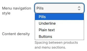 The four menu navigation styles: Pills, Underline, Plain text and Buttons