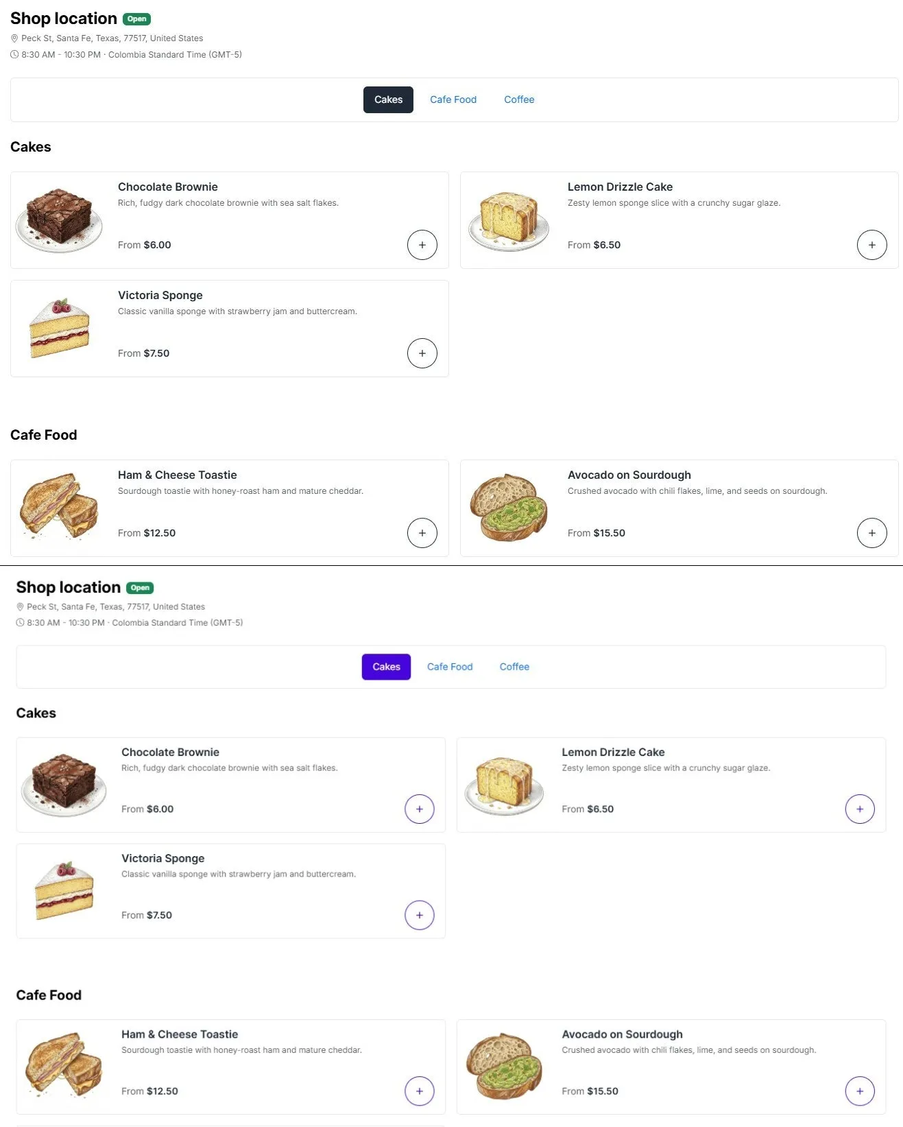 A before and after comparison showing how changing the primary or accent colour updates buttons and the active tab
