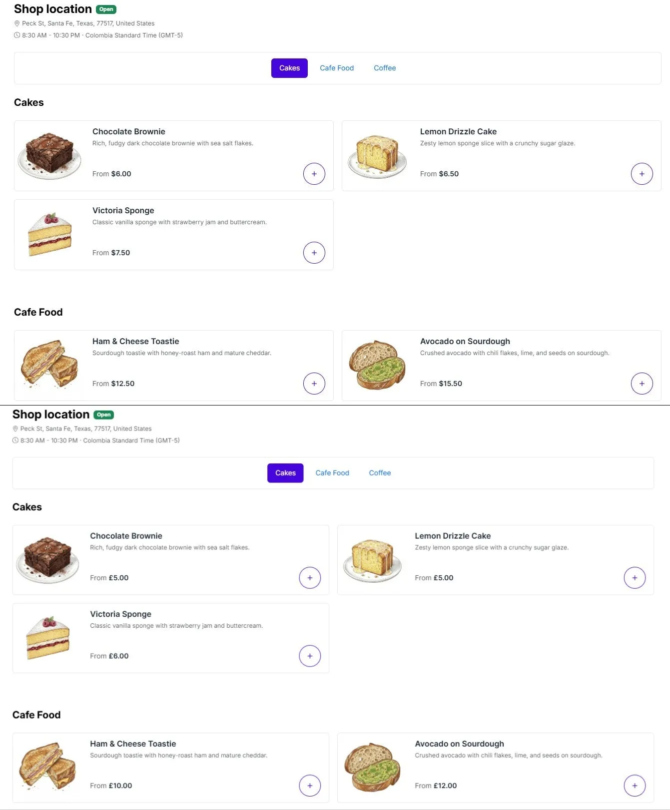 The same ordering menu shown side by side in two currencies, for example USD and GBP