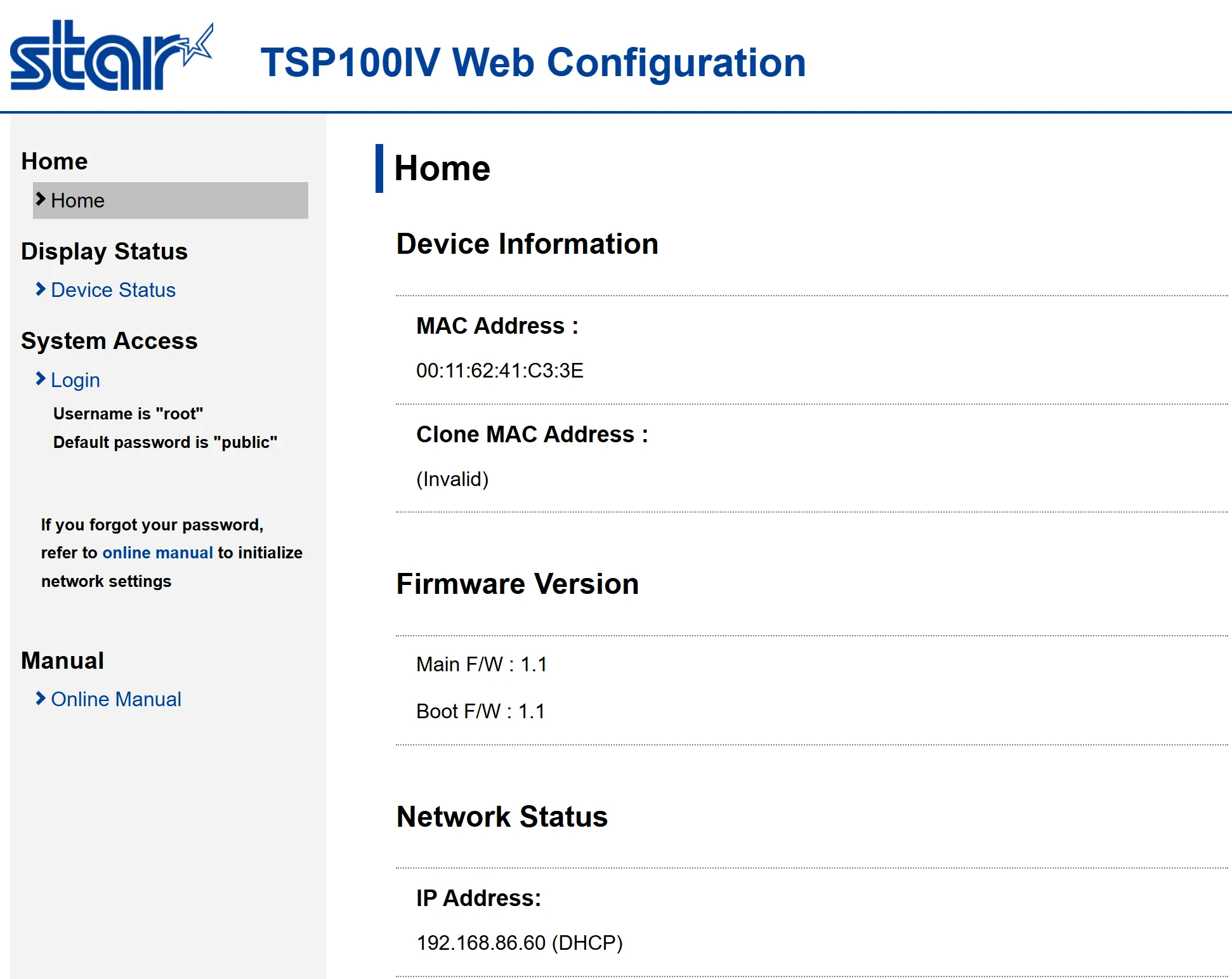 The Star printer web configuration interface landing page
