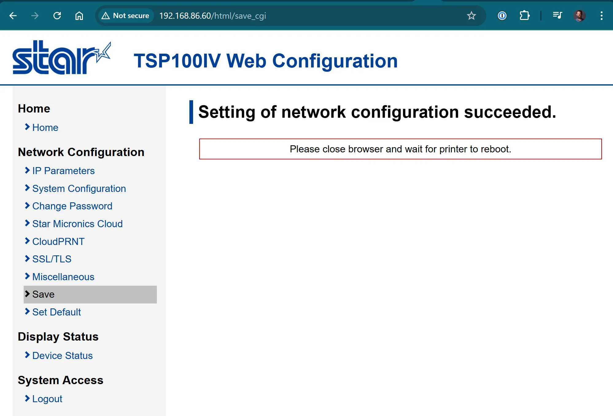 The Star web interface confirmation screen shown before the printer reboots