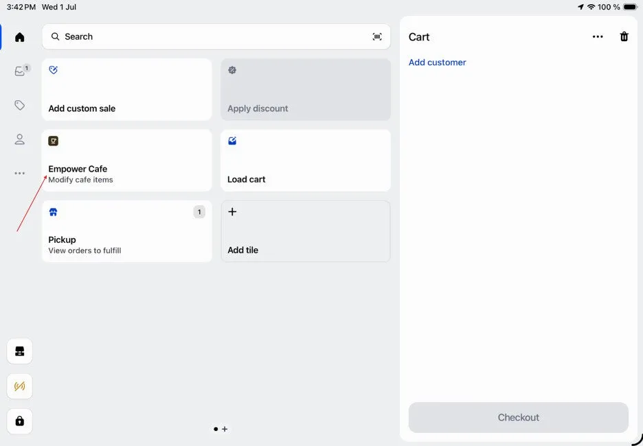 The Shopify POS Cafe tile showing the updated, customised text
