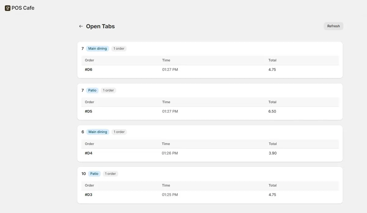 The Open Tabs page in POS Cafe: one card per table, such as table 7 in Main dining and table 10 on the Patio, each listing its open order with the time it was started and the total