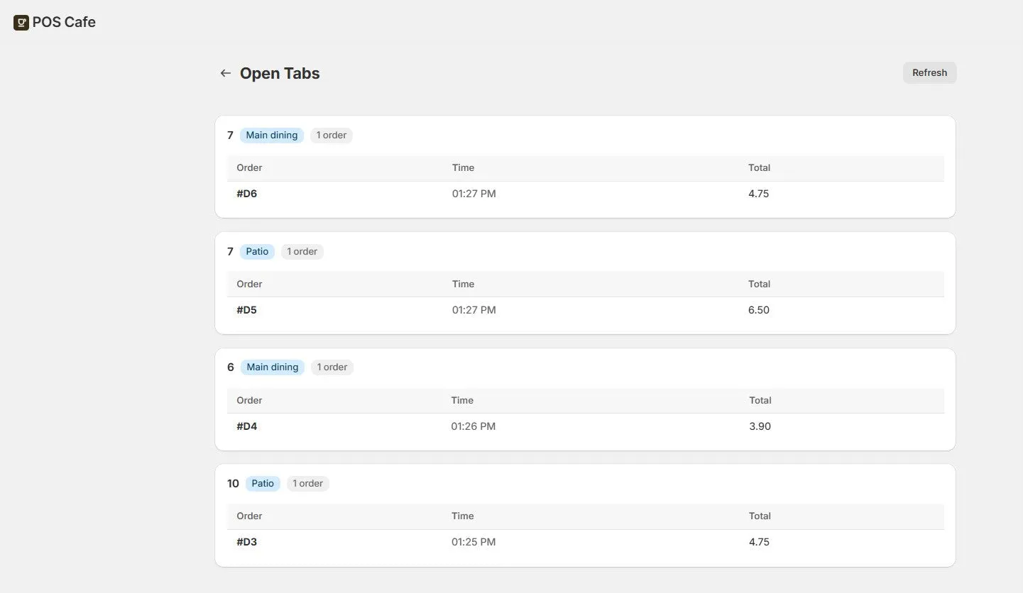 The Open Tabs page with a couple of tables and their orders