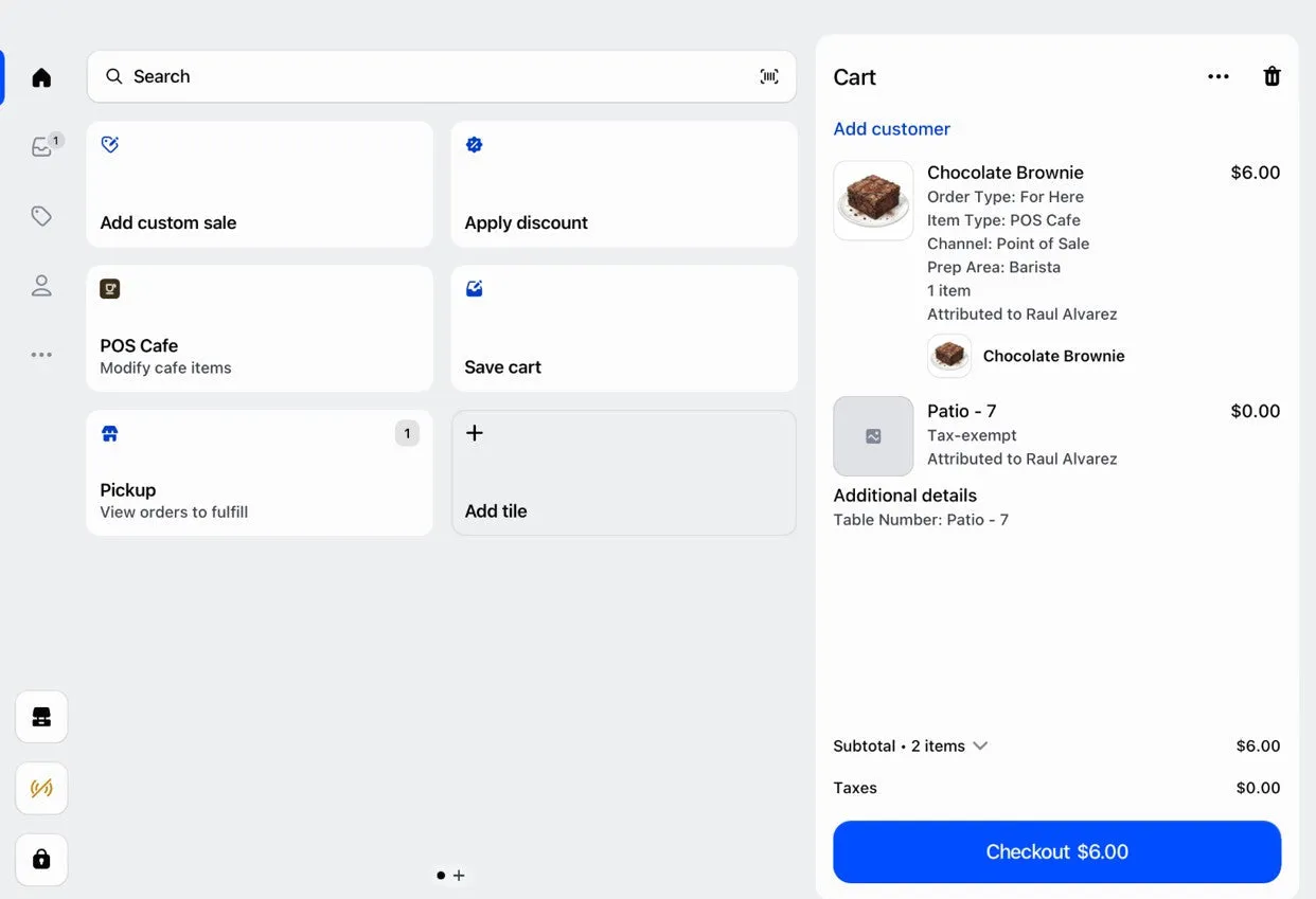 A POS draft order showing the table name as a $0 line item