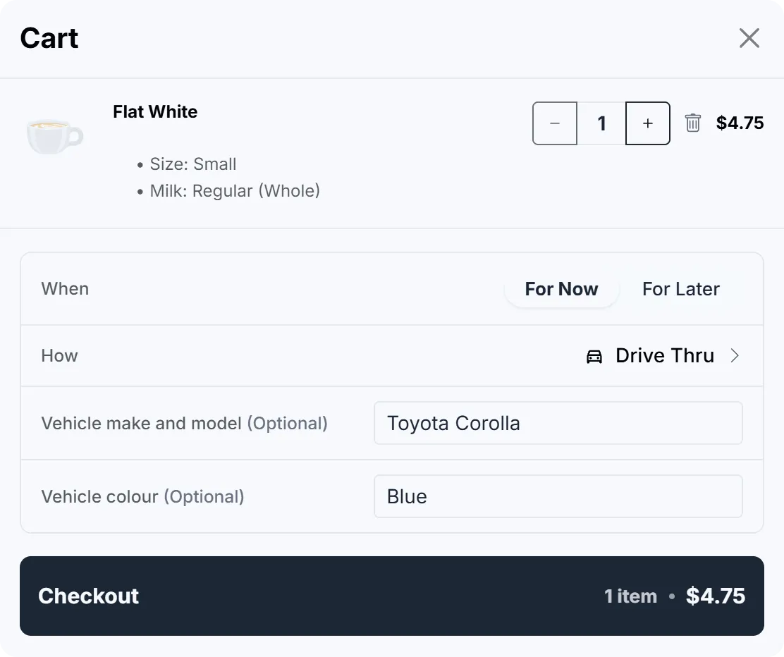The online ordering cart with Drive Thru selected and the Vehicle make and model and Vehicle colour fields filled in