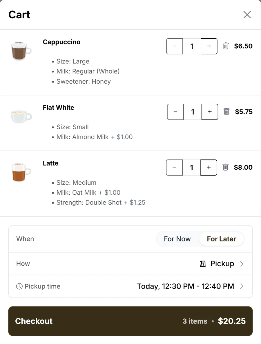 An online order in the POS Cafe storefront cart, with modifiers, extra charges, and a scheduled pickup time