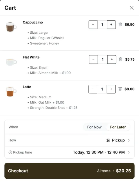 An online order's cart: a cappuccino, flat white and latte with their sizes and milks, pickup for later at 12:30 PM, and a Checkout button for $20.25