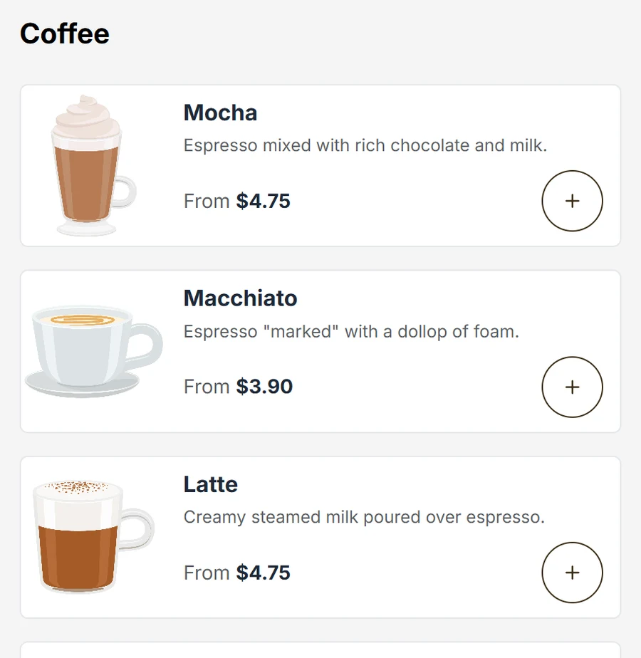 The same cafe menu in the POS Cafe online ordering storefront