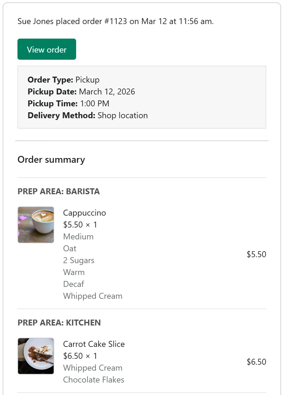 Customised POS Cafe staff order email preview