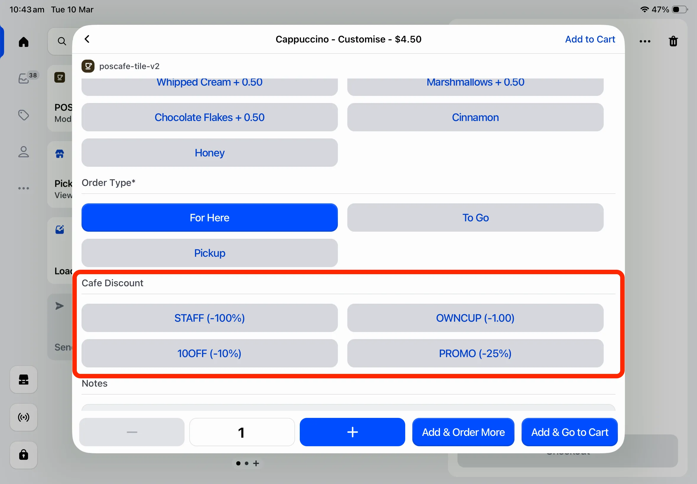POS Cafe Discounts in Customise Screen
