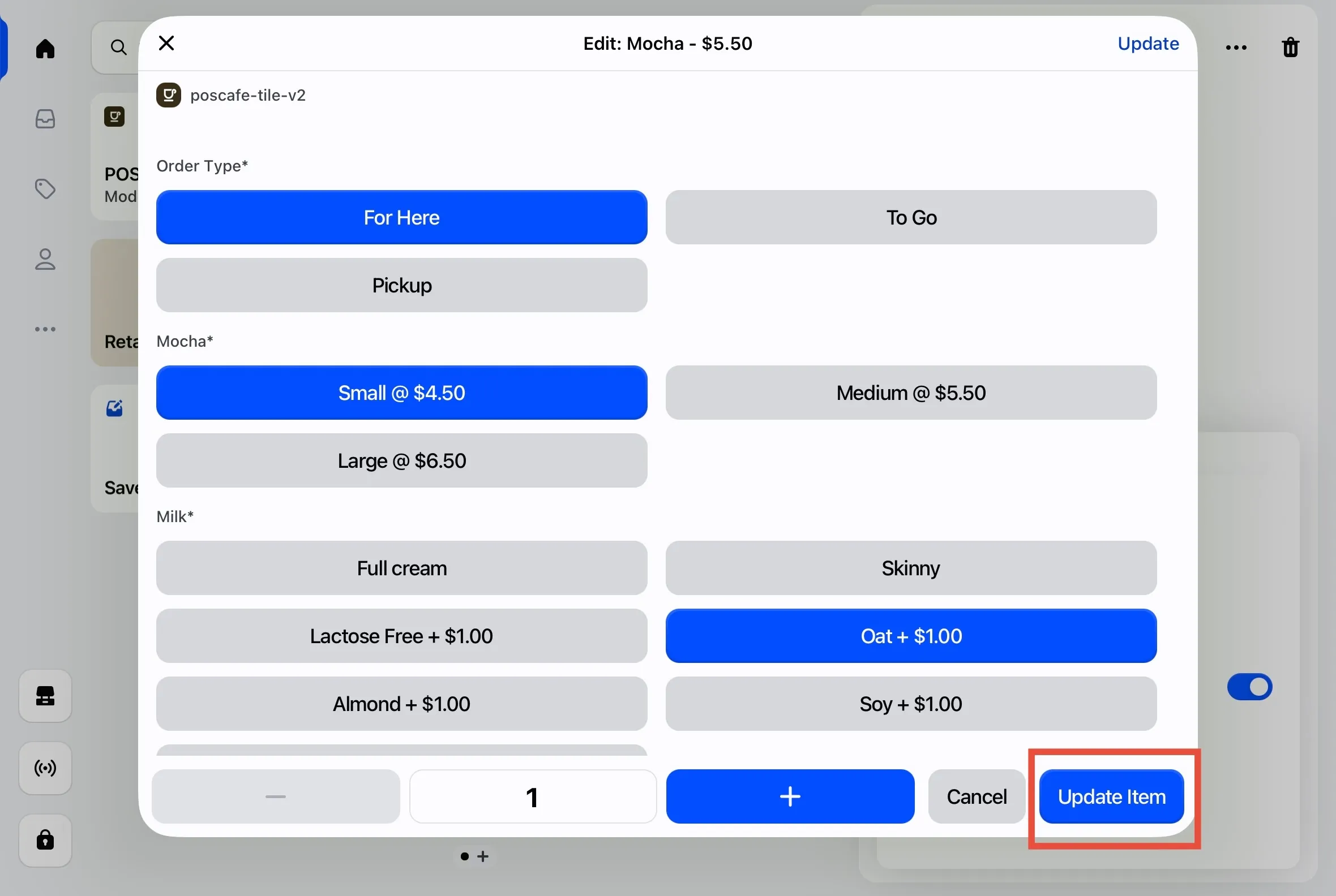 The POS Cafe item editing screen with the Update Item button