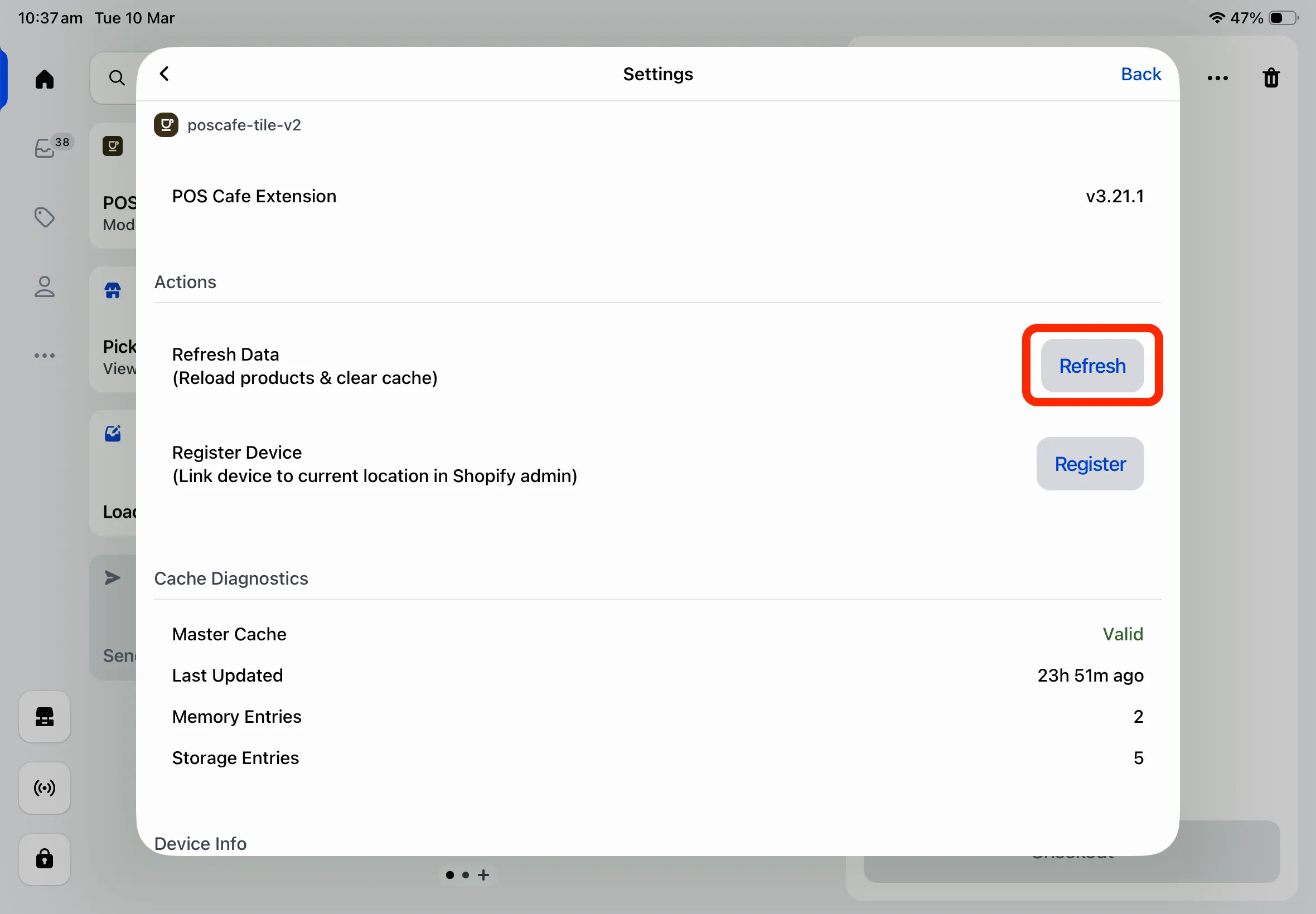 The POS Cafe settings screen with the Refresh button