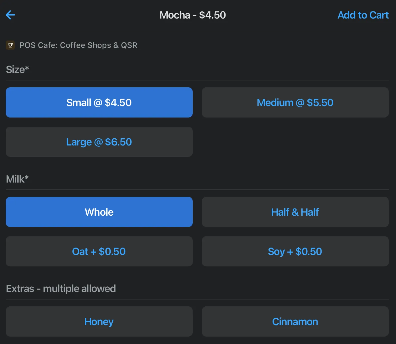 The POS Cafe Tiles layout showing products and modifiers on a single page
