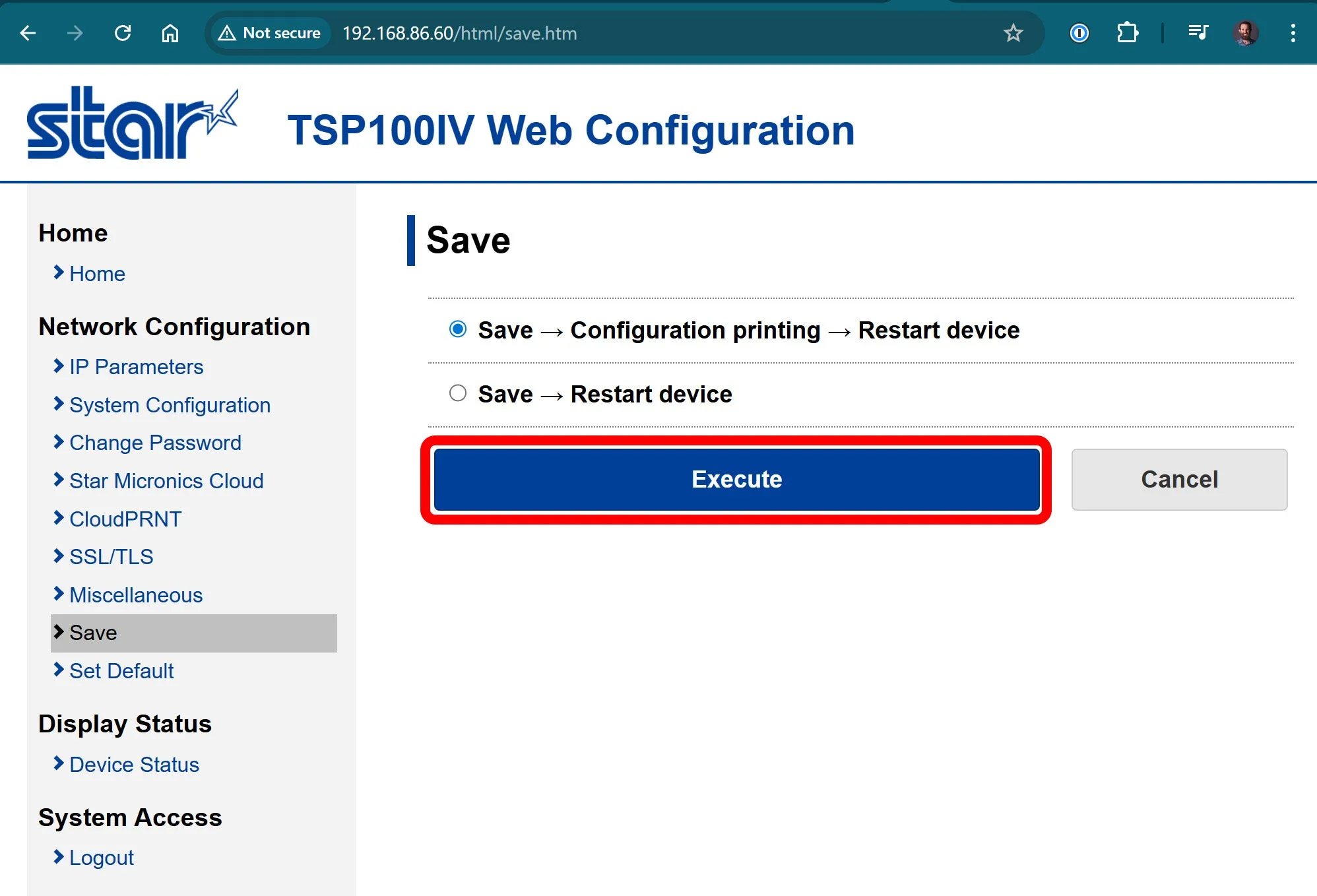 The save confirmation screen with the Execute button highlighted