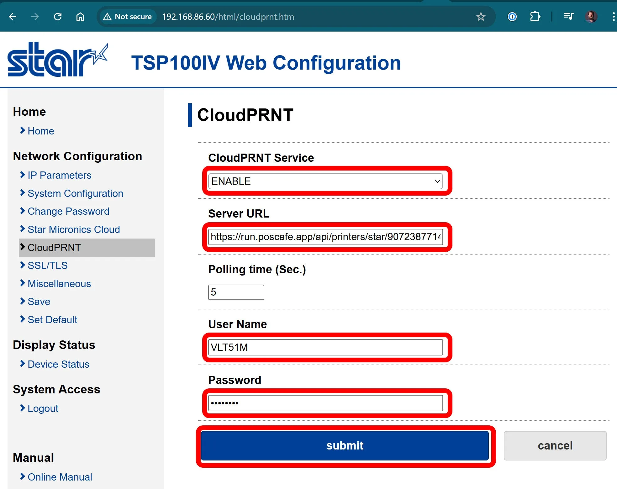 The CloudPRNT settings page with the POS Cafe server URL, username and password entered