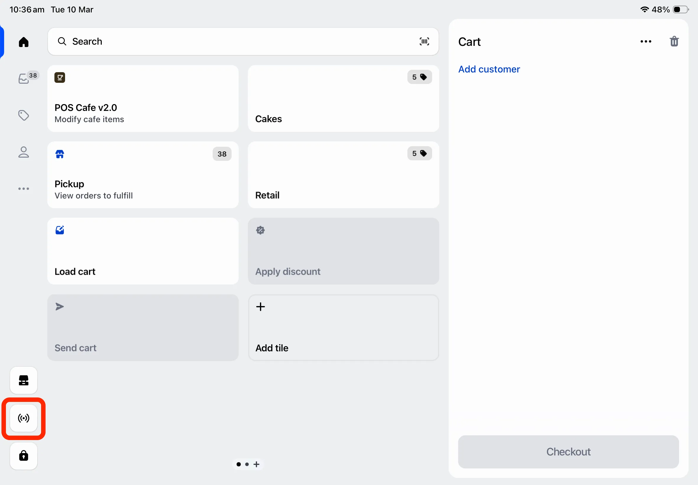 The Shopify POS screen with the Connectivity icon
