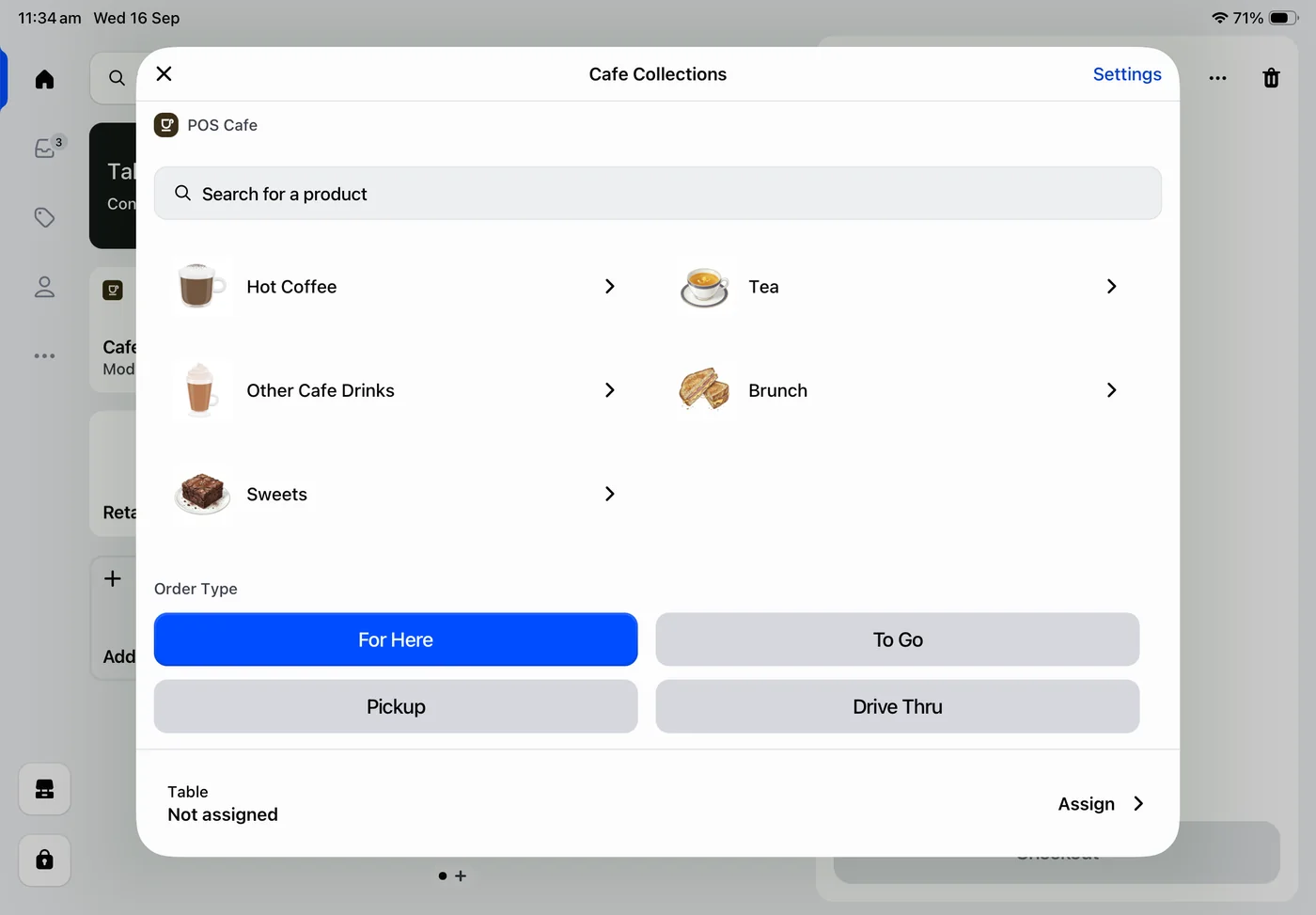 POS Cafe in Shopify POS on iPad, showing cafe collections, order types, and table assignment