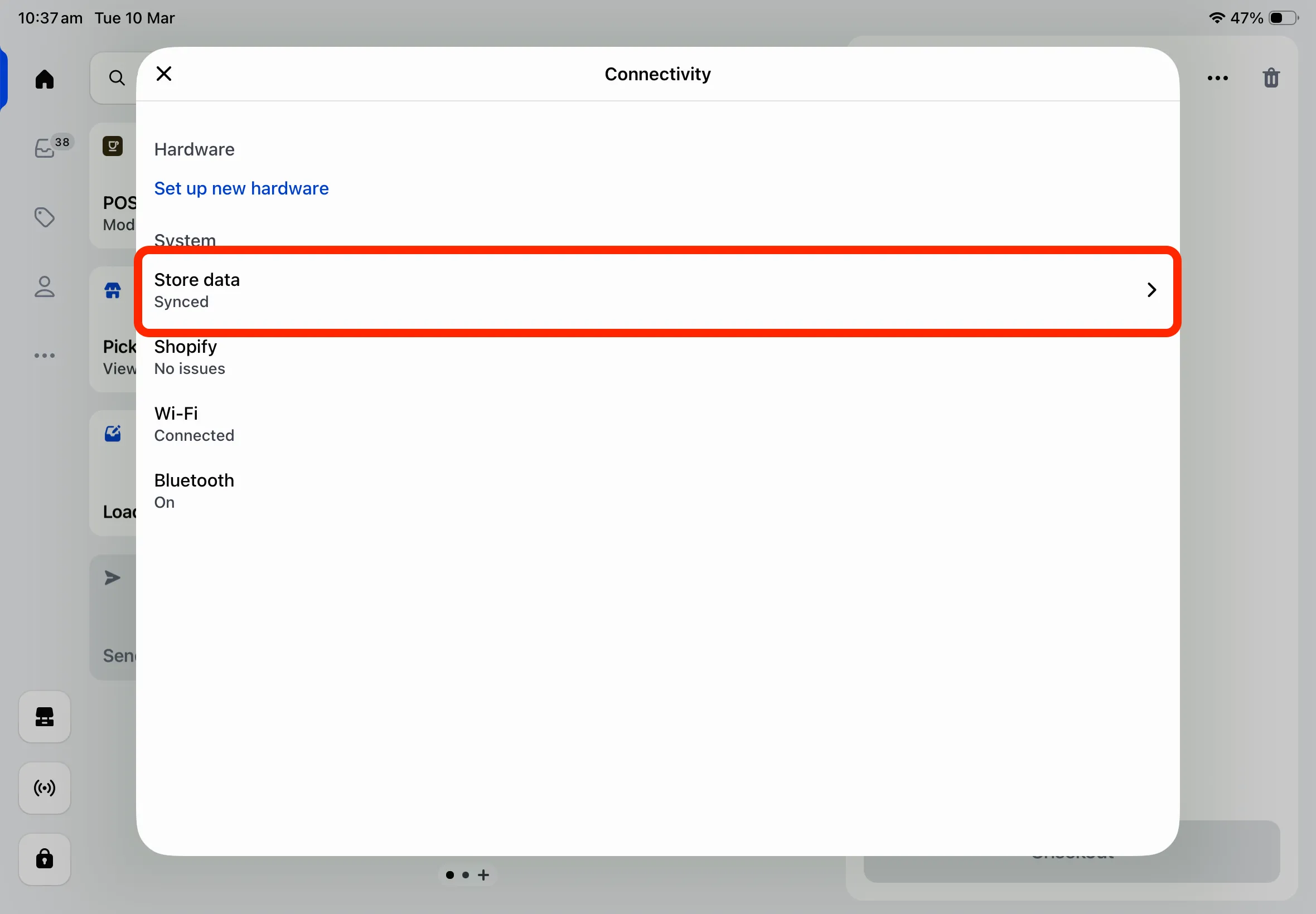 The Shopify POS connectivity menu with the Store Data option