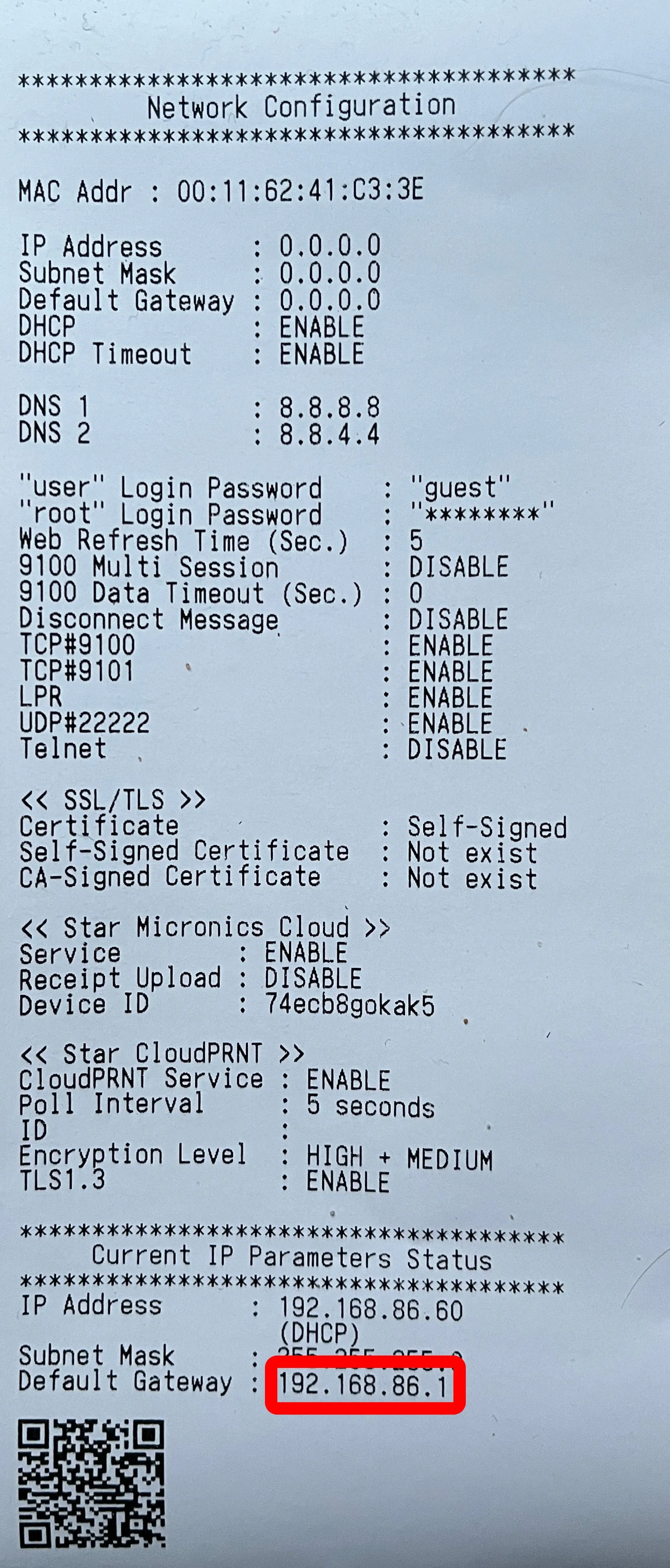 A Star printer network configuration sheet showing the printer’s IP address