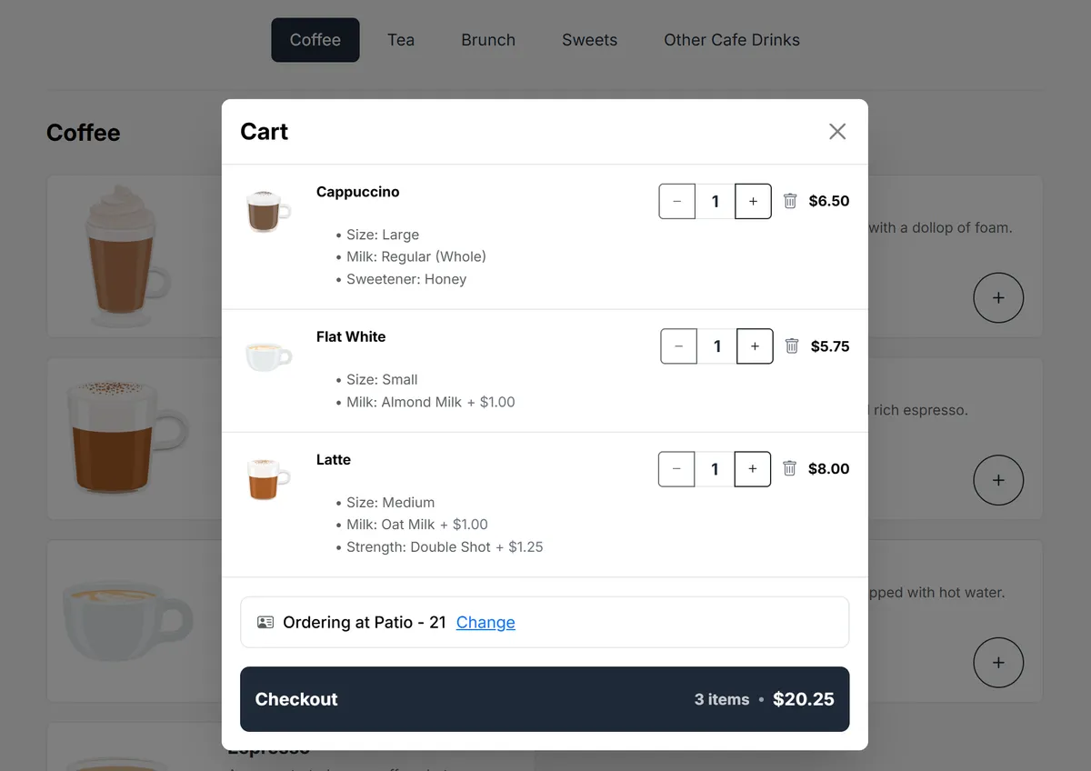 The POS Cafe online ordering cart opened from a table QR code, showing three customised coffees and the line Ordering at Patio - 21 above the Checkout button