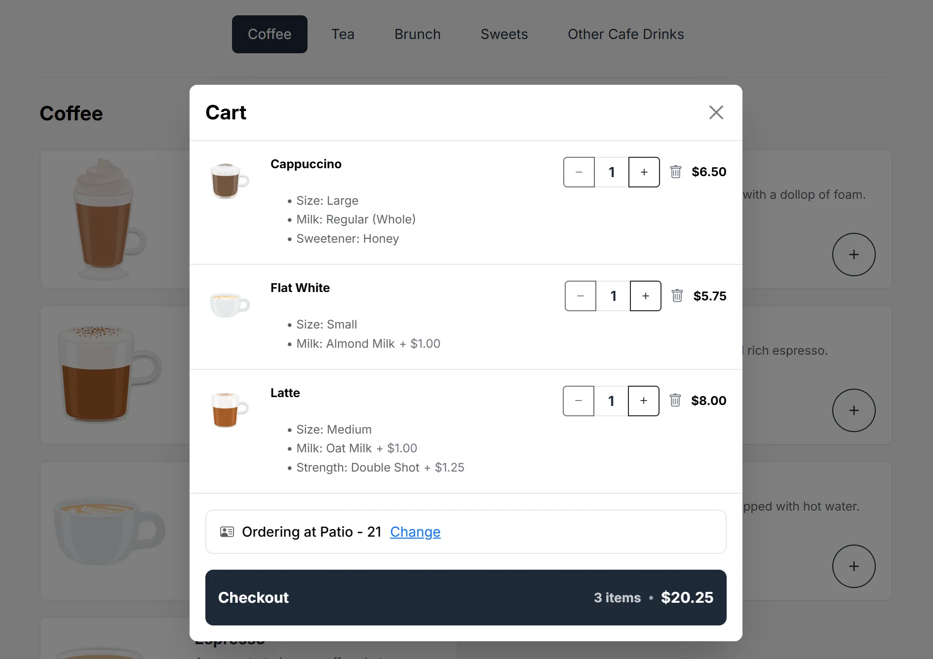 The online ordering menu opened from a table QR code, with the cart showing Ordering at Patio - 21